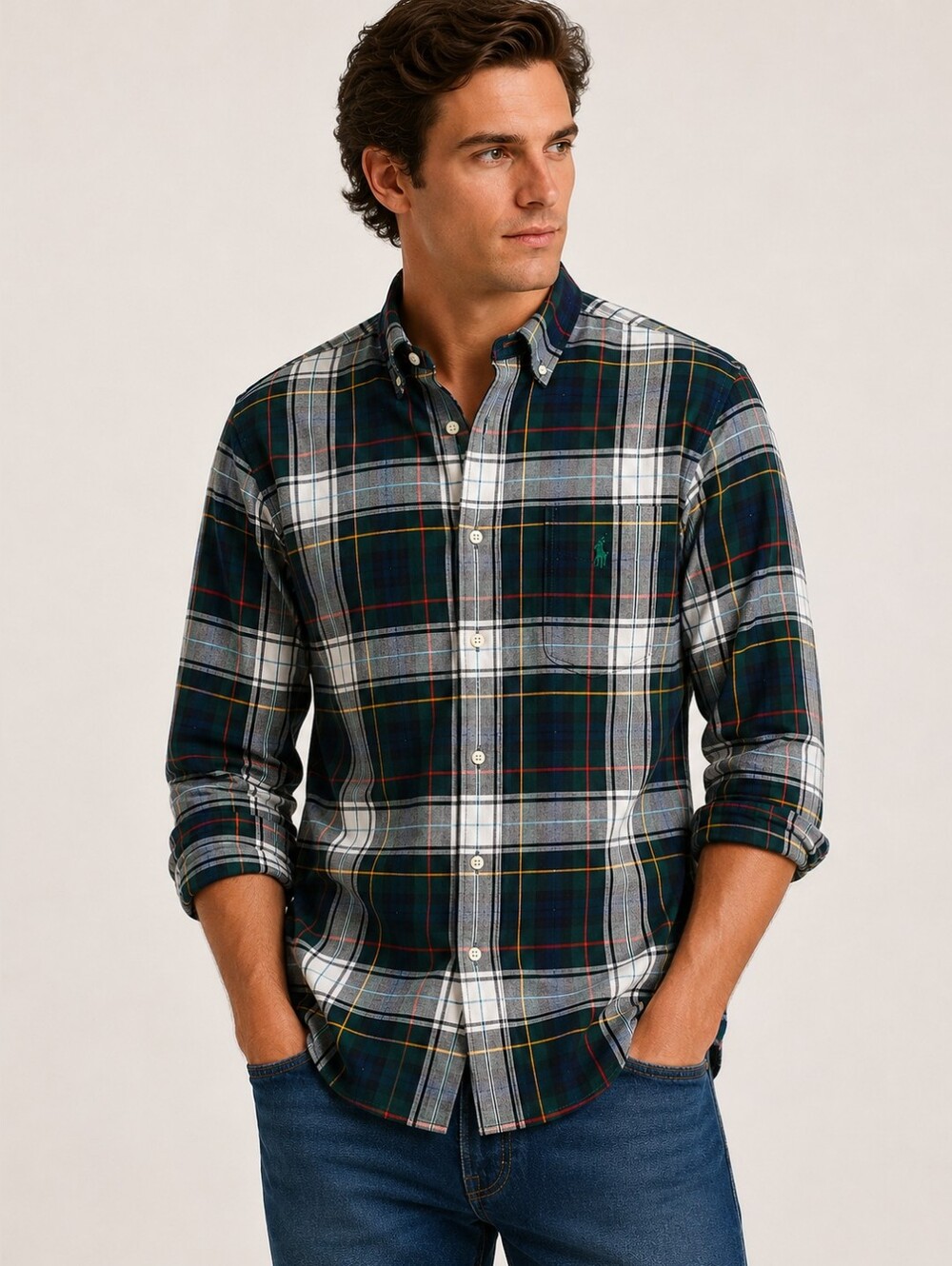 Ralph Lauren Plaid Button-Up Shirt Men’s Large Green Navy Red Cotton